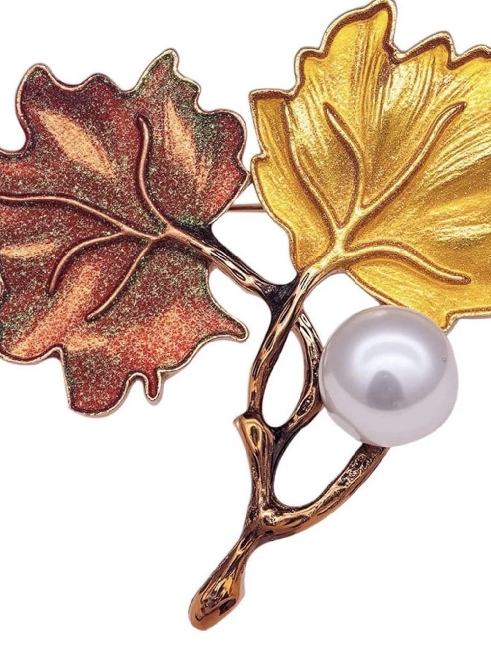 Autumn Leaf Pearl Brooch. Gold Brown Enamel Imitation Pearl Pin. 2”.